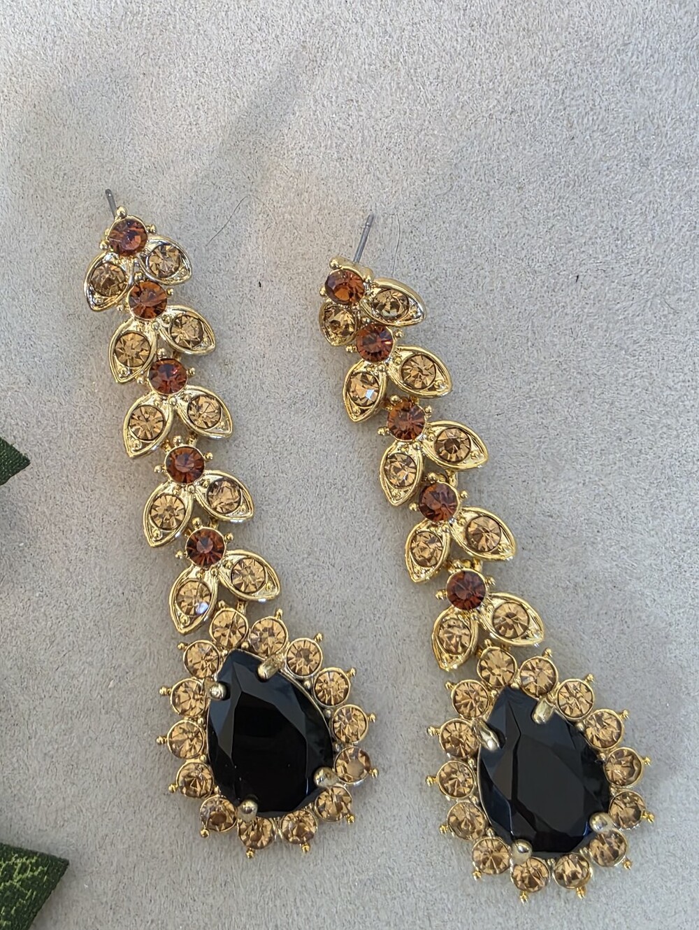 Amber Topaz Rhinestone Statement Drop Earrings Teardrop Laurel Leaf Pageant